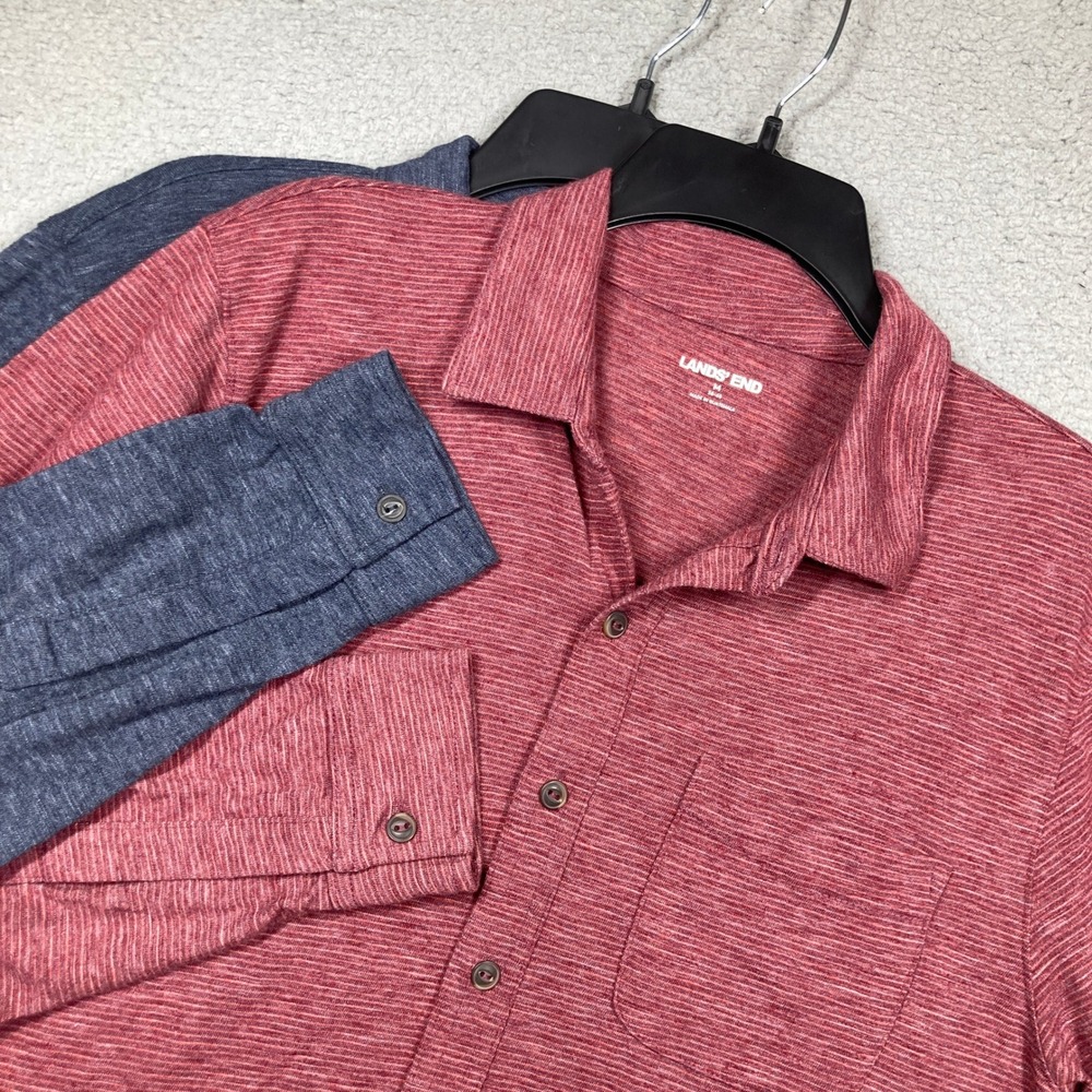 Lands' End Button Shirts‎ Men M Blue Red 2-Pack Jersey Knit Stretch Long Sleeve